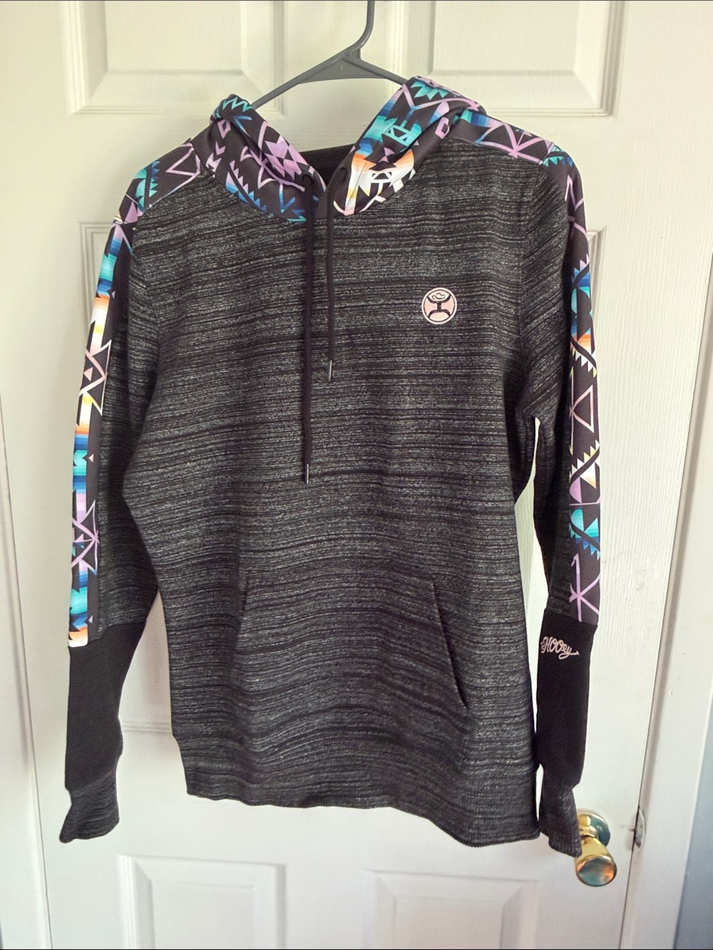 Hooey Black Heather Zip-Up Hoodie with Multicolor Aztec Accents